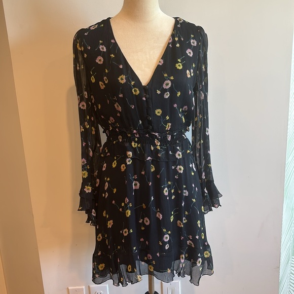 The Kooples Paris Bleu J’Espere Blue Floral Long Sleeve Ruffle Mini Dress Size 2 - Picture 10 of 15